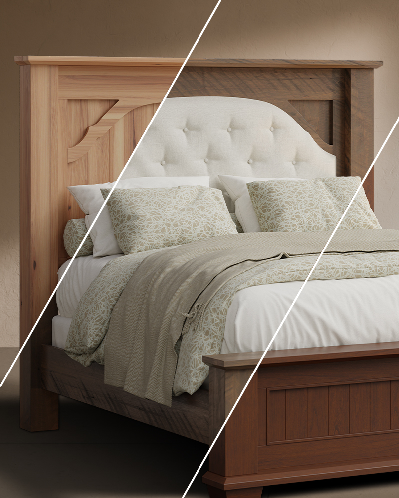 A custom solid wood bed displayed with contrasting wood finishes and an upholstered headboard option, illustrating available bedroom furniture customization choices.